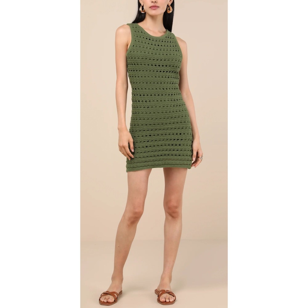 NWT Lulus Attracted‎ to You Olive Sleeveless Crochet Mini Bodycon Dress M